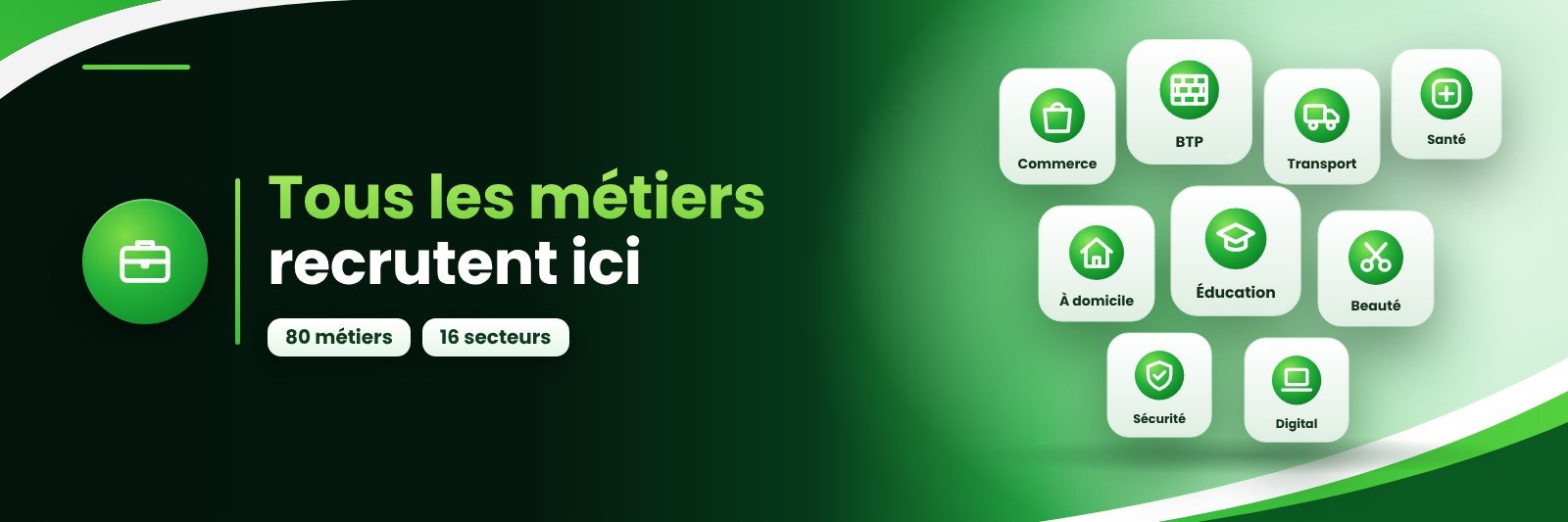 Tous les métiers recrutent ici : 80 métiers, 16 secteurs.